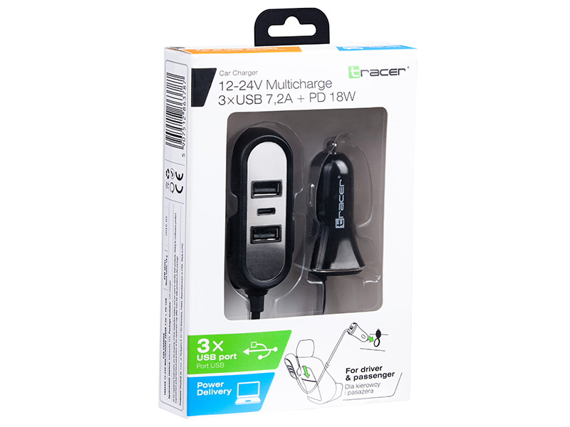 Car Charger TRACER 12-24V Multicharge 3xUSB 7,2A + PD 18W