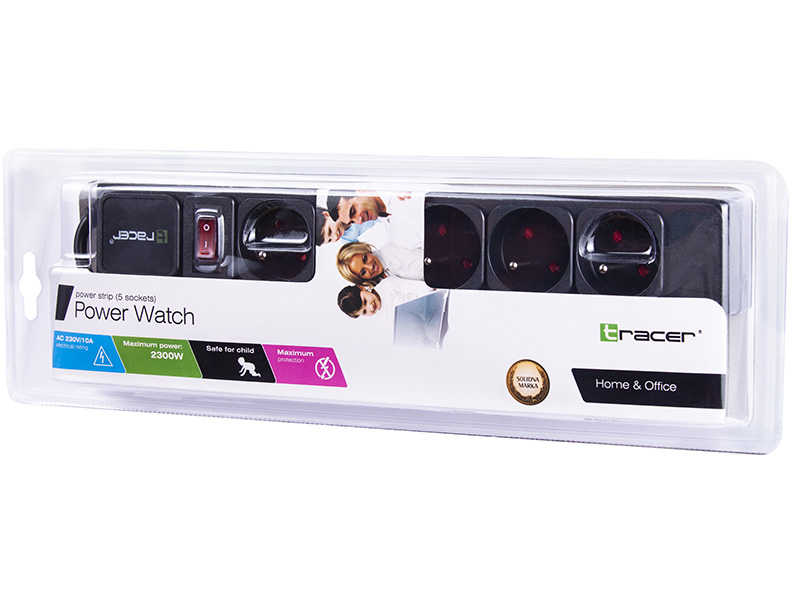Surge protector TRACER PowerWatch 1.5 m Black (5 outlets)